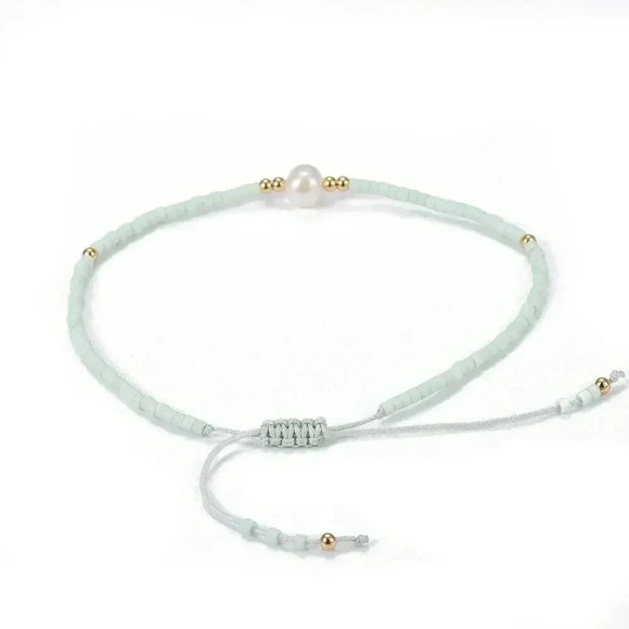 Hand Crafted Real Freshwater Pearl Pale Mint Green Japanese Glass Beads Bracelet - Picture 3 of 3